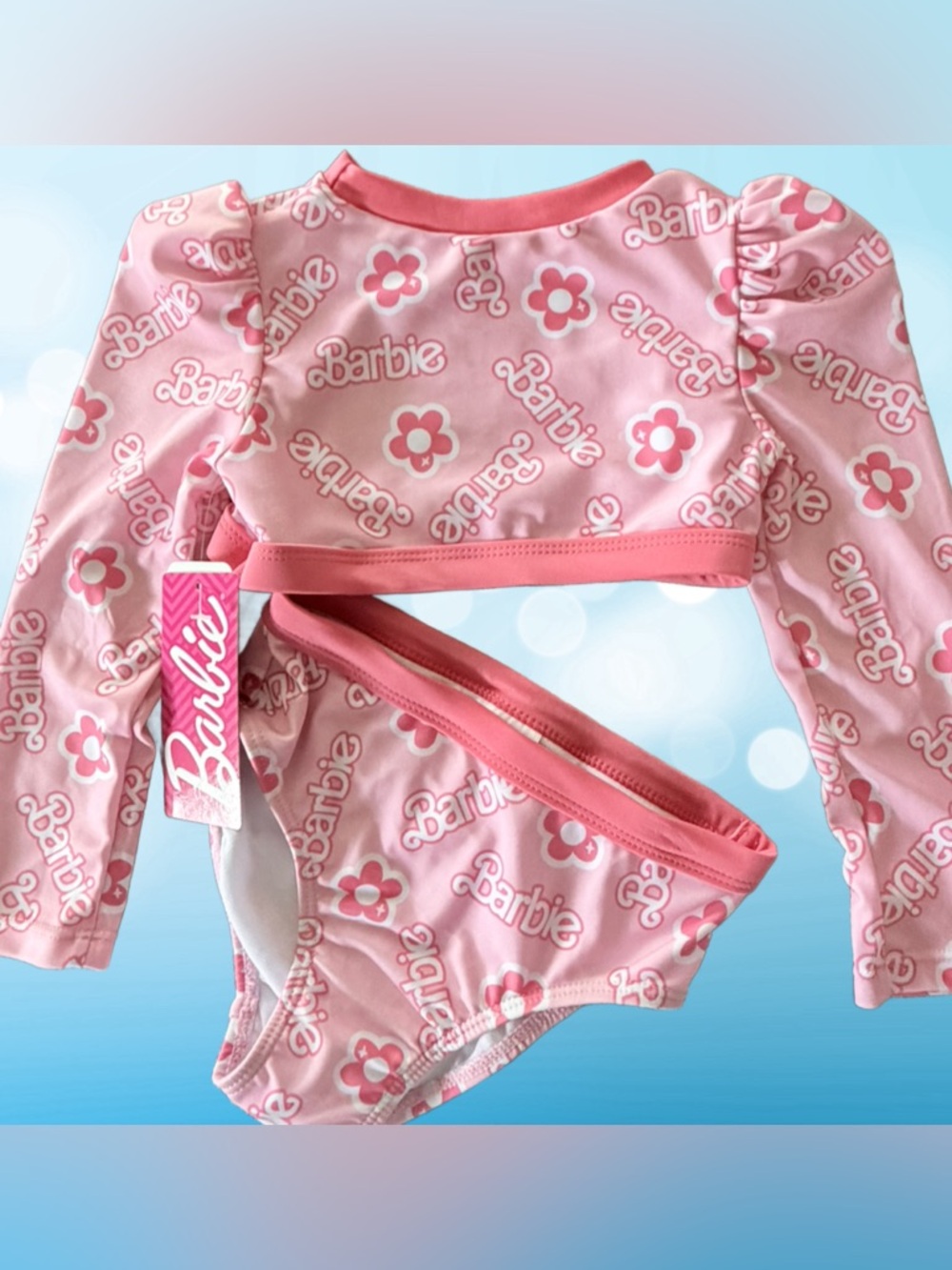 NWT Barbie Pink Long Sleeve Girls' Swim Set Bathing Suit Rashguard 2T